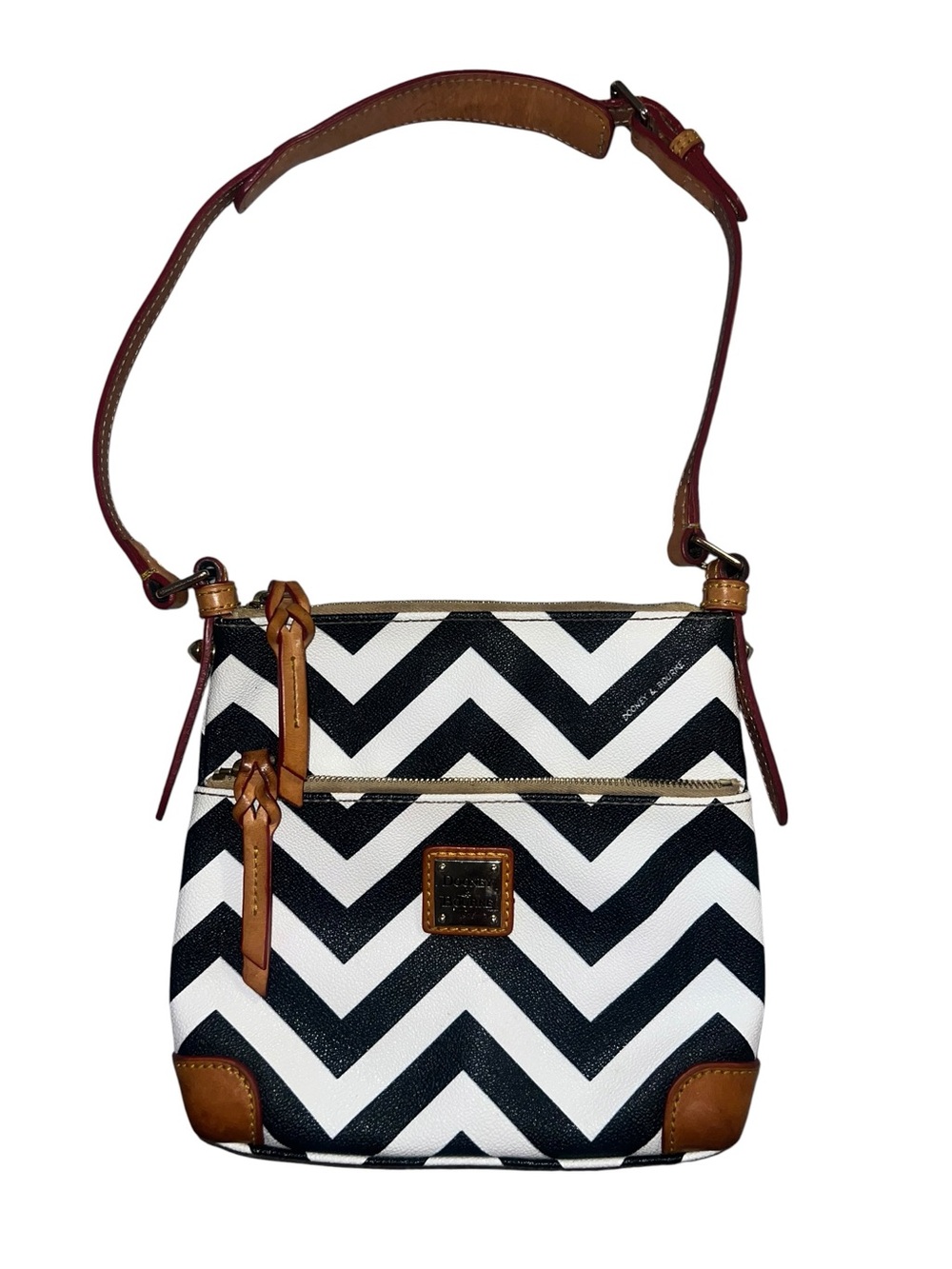 Dooney and Bourke Black & White Chevron Crossbody Bag with Tan Accents